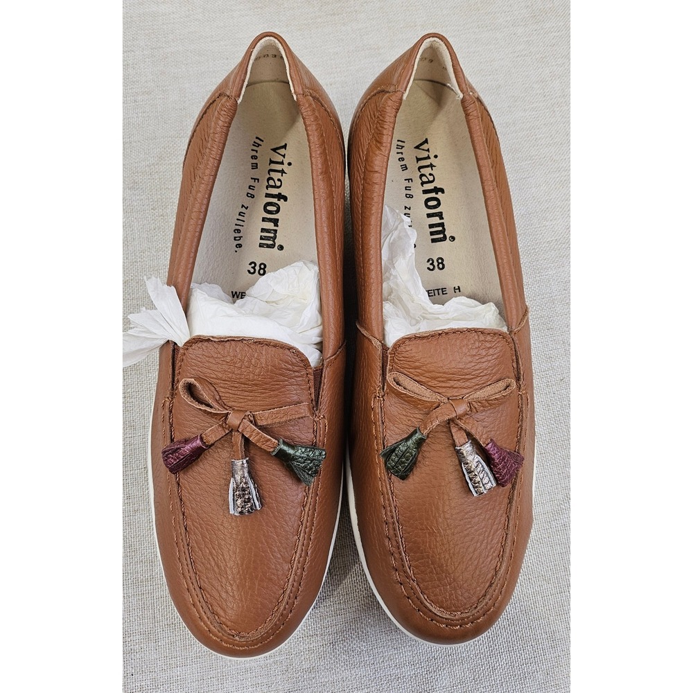 Vitaform Brown Leather Tassel Loafers Slip On Low Wedge Shoes Women 7.5W/38H NEW